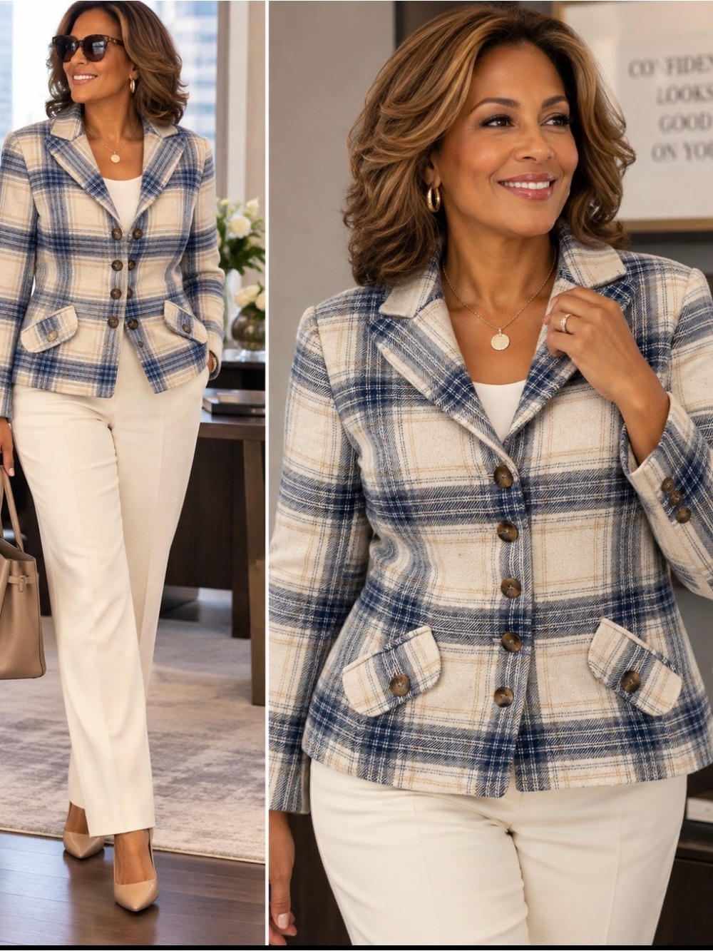 Sundance Women’s Size 12 Cream & Blue Plaid Wool Blend Tailored Blazer Jacket